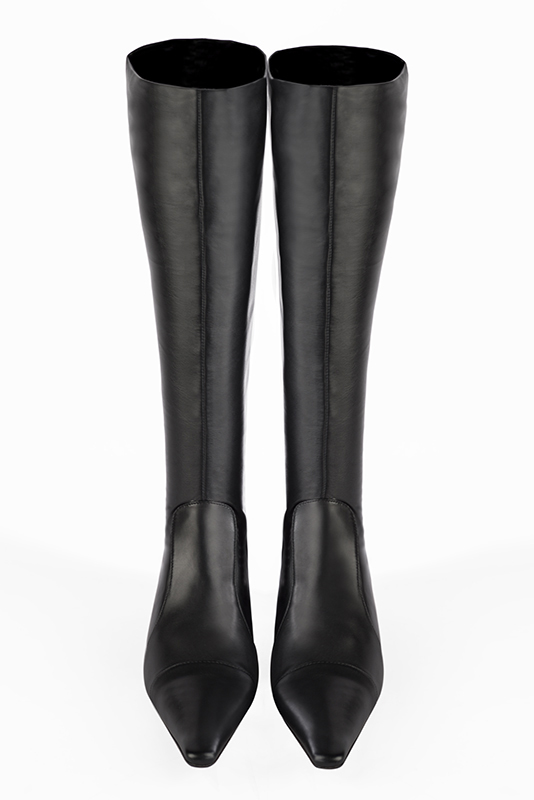 Satin black women's feminine knee-high boots. Tapered toe. Low leather soles. Made to measure. Top view - Florence KOOIJMAN